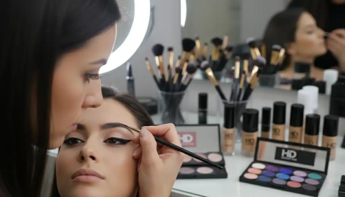 Professional makeup artist applying precision eyeliner technique