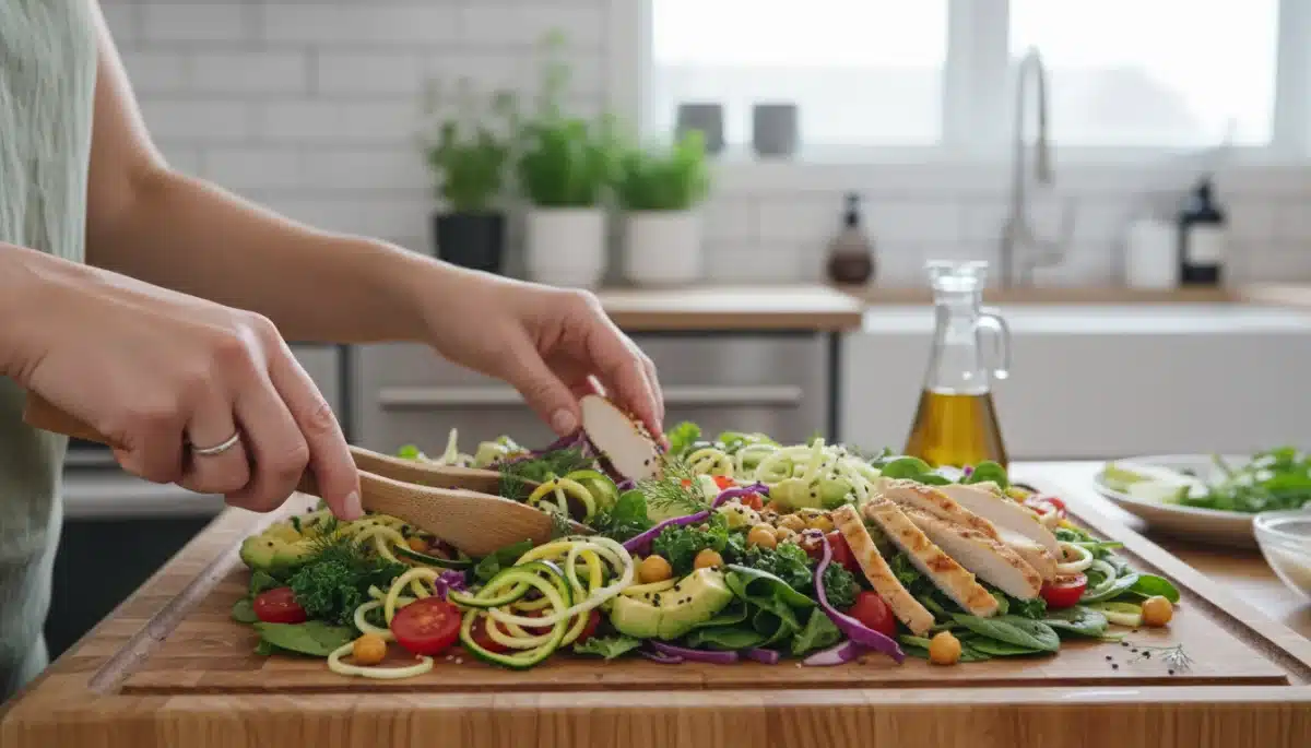 Hands preparing a fresh, colorful salad as part of a healthy meal plan.