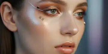 Model with radiant, sculpted face and subtle futuristic makeup for 2026 trends