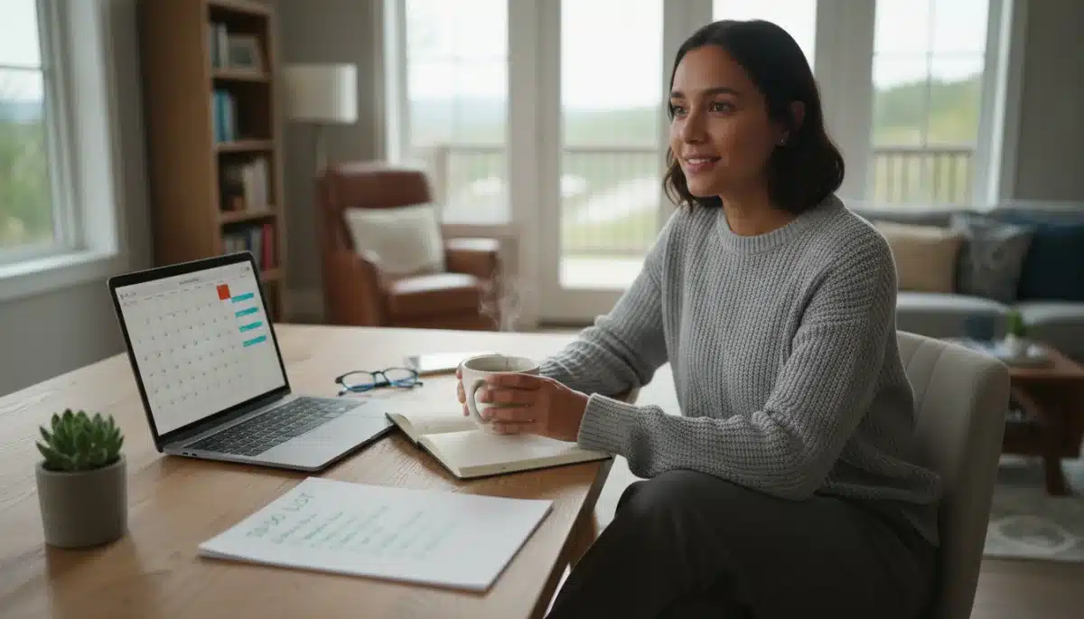 Person managing tasks and practicing self-care at a remote desk.