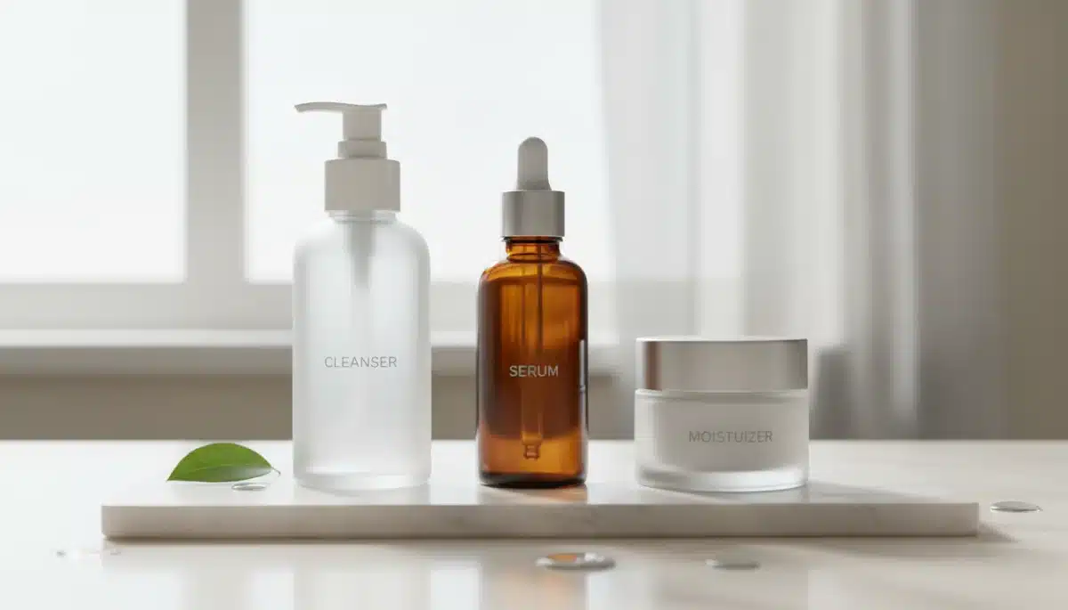 Three essential skinimalism products: cleanser, serum, moisturizer
