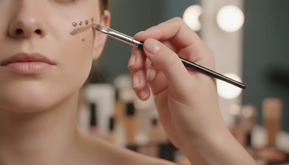 Makeup artist applying liquid contour for underpainting technique on cheekbone.