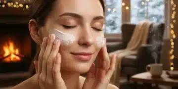 Woman applying hydrating cream in winter