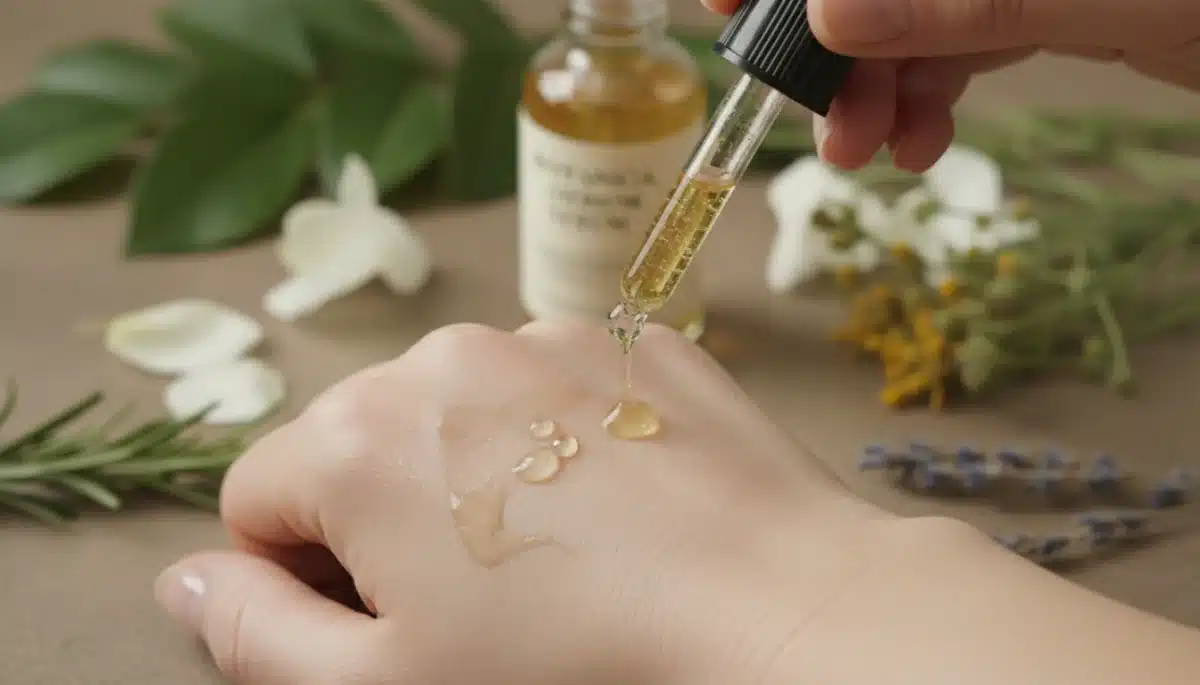 Hand applying natural facial serum from a recycled glass dropper bottle