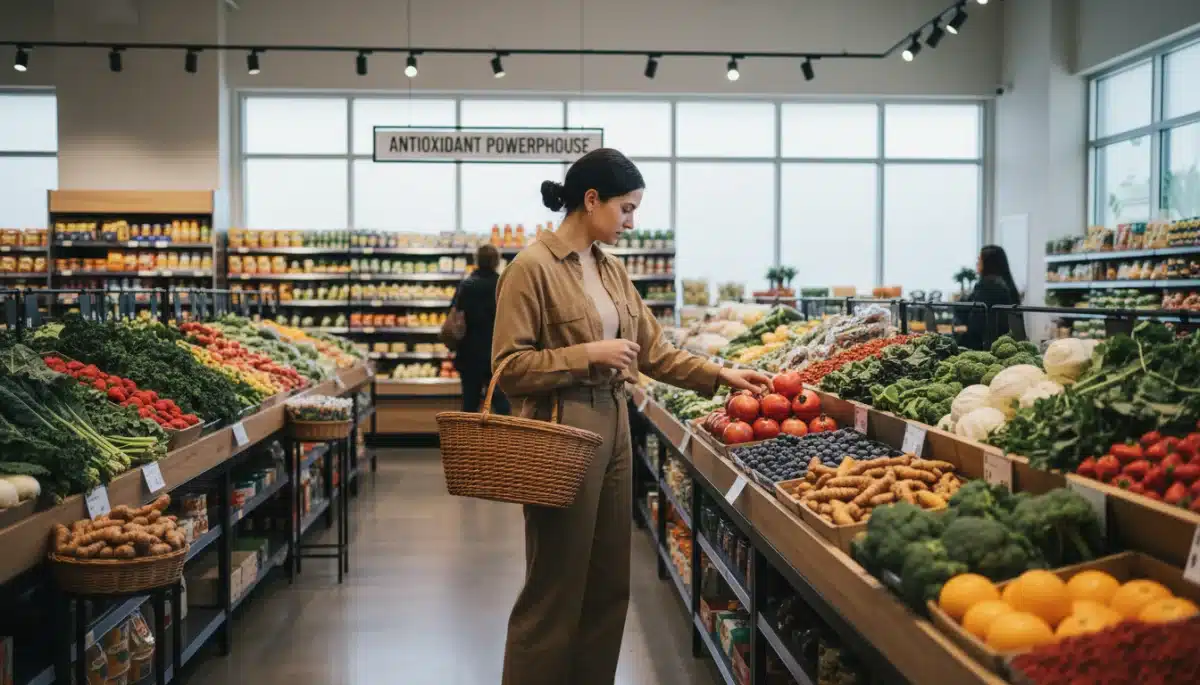 Person choosing fresh antioxidant-rich produce in grocery store