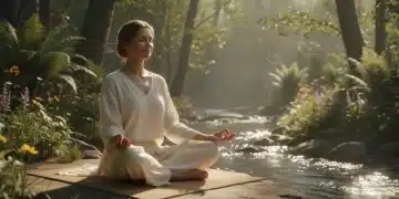 Woman meditating in a serene natural environment, representing holistic health and wellness.