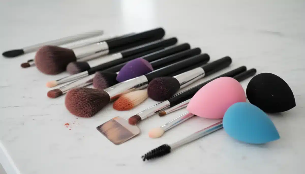 Assortment of professional makeup brushes and blending sponges.