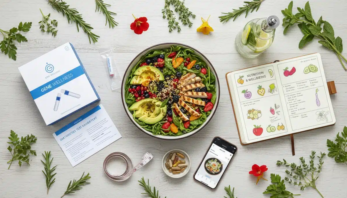 Flat lay of personalized nutrition elements including a colorful salad and a DNA test kit.
