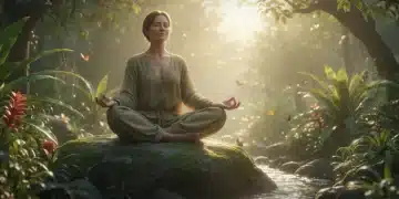 Serene woman meditating outdoors at sunrise, finding inner peace